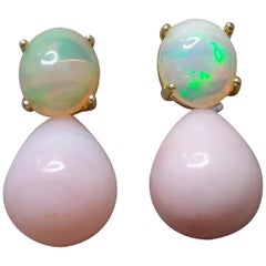 Pink Oval Round Drops Oval Solid Opal Cabochons 14 Karat Yellow Gold Earrings