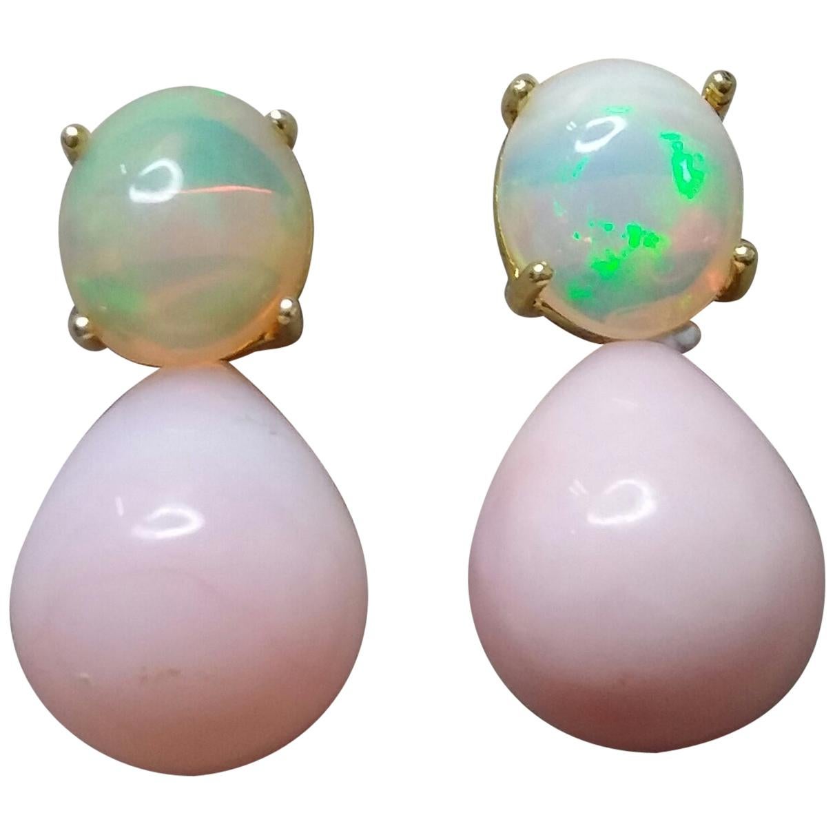 Pink Oval Round Drops Oval Solid Opal Cabochons 14 Karat Yellow Gold Earrings For Sale
