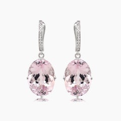 Pink Oval Shape Morganite White Diamond 18K White Gold Drop Style Earrings