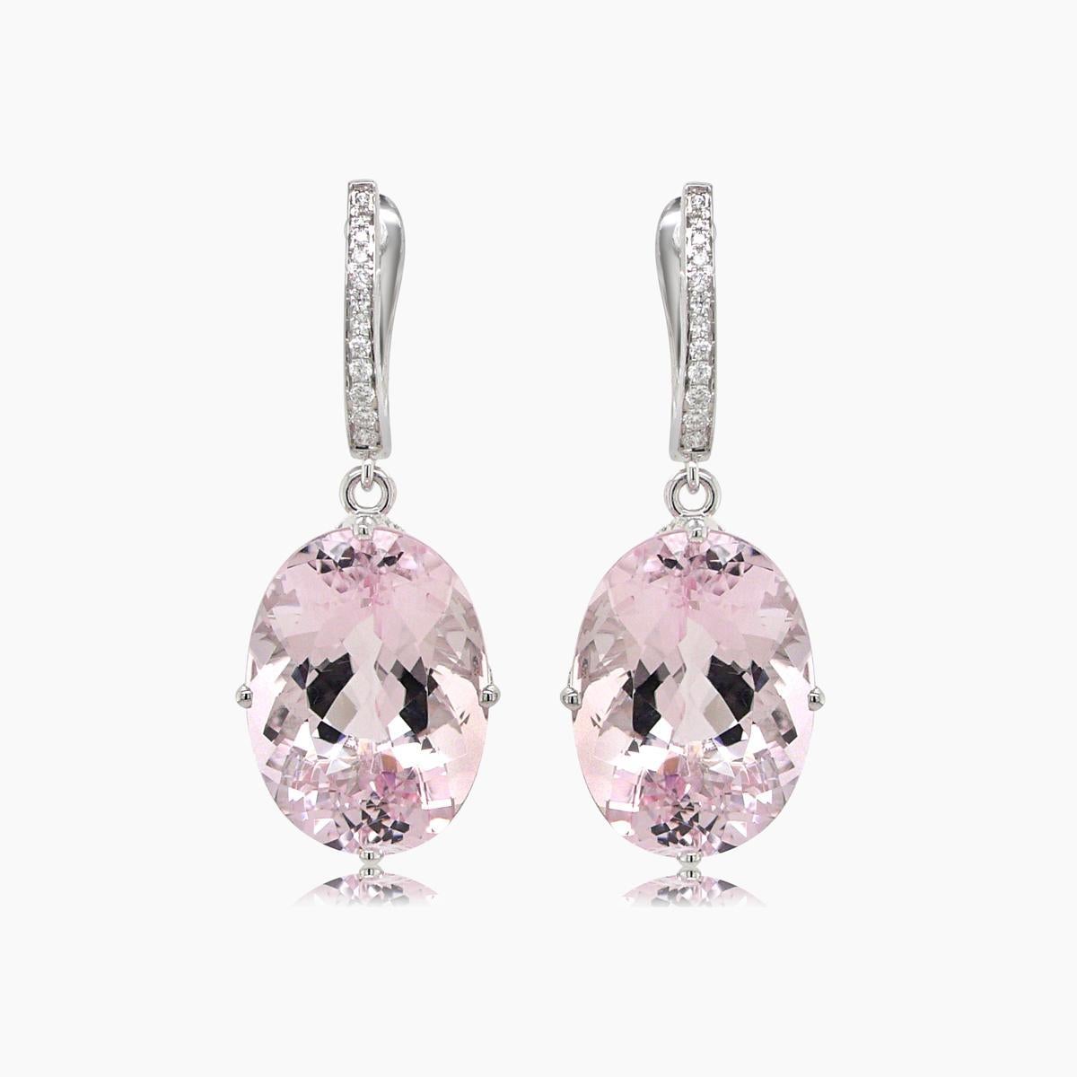 Pink Oval Shape Morganite White Diamond 18K White Gold Drop Style Earrings In New Condition For Sale In Oakton, VA