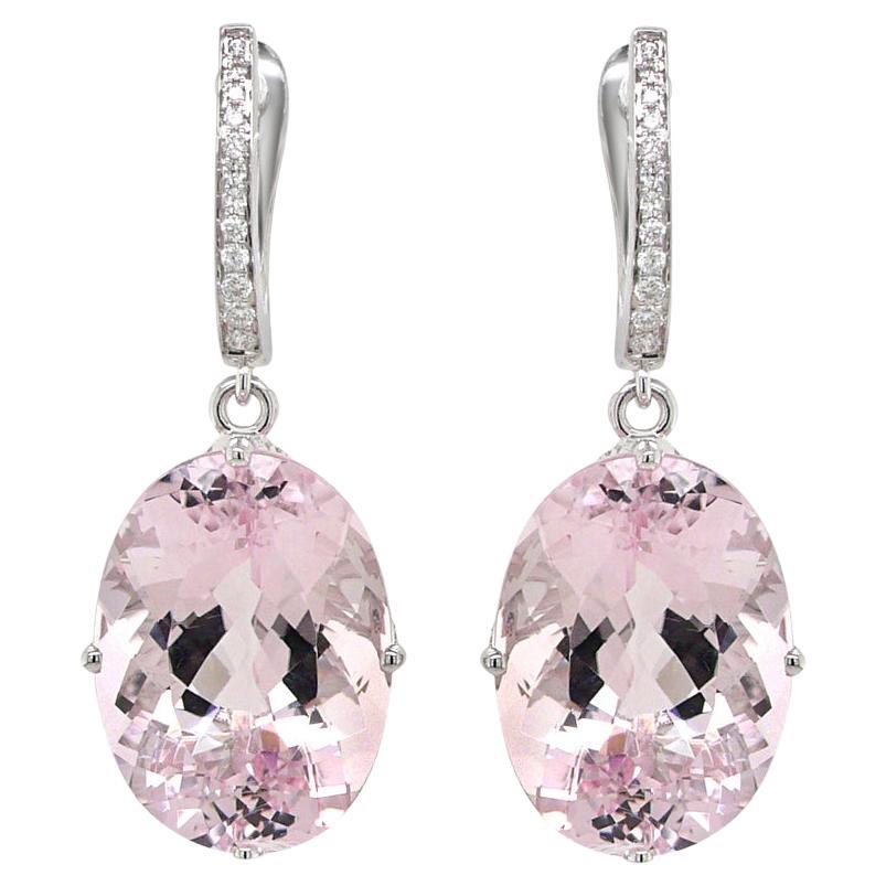 Pink Oval Shape Morganite White Diamond 18K White Gold Drop Style Earrings