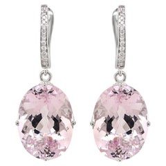 Pink Oval Shape Morganite White Diamond 18K White Gold Drop Style Earrings