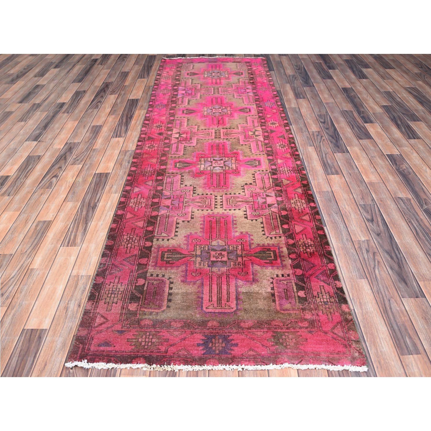 Medieval Pink Overdyed Old Northwest Persian Hand Knotted Rustic Look Wool Runner Rug For Sale