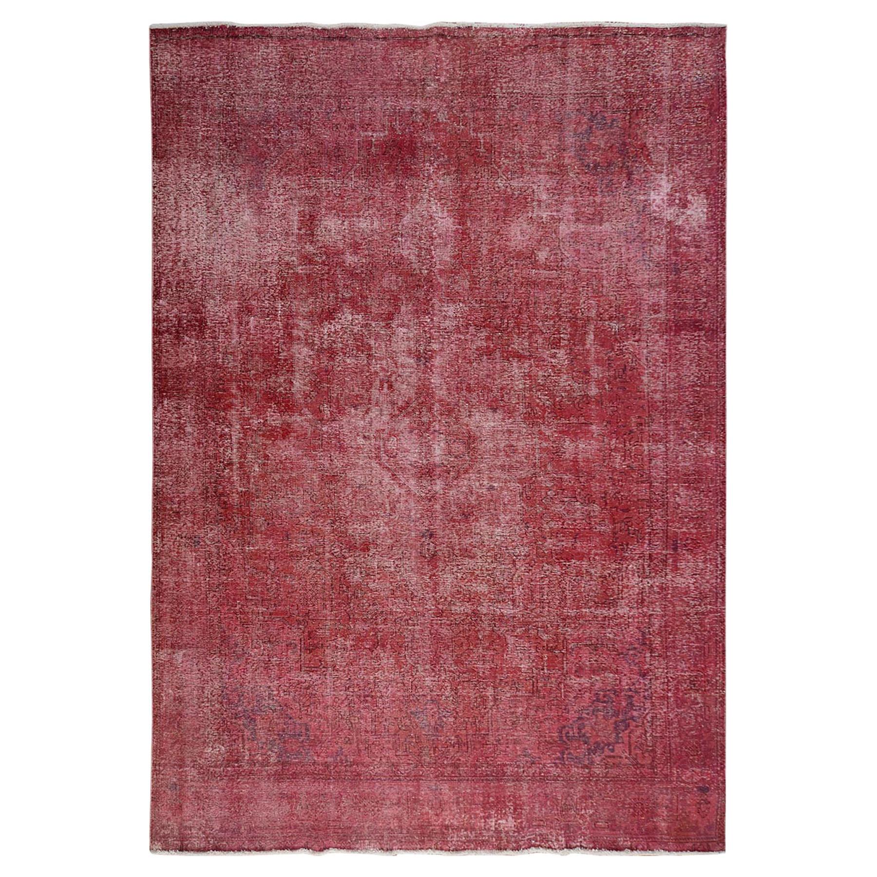 Yellow Overdyed and Vintage Worn Down Persian Tabriz Pure Wool Oriental