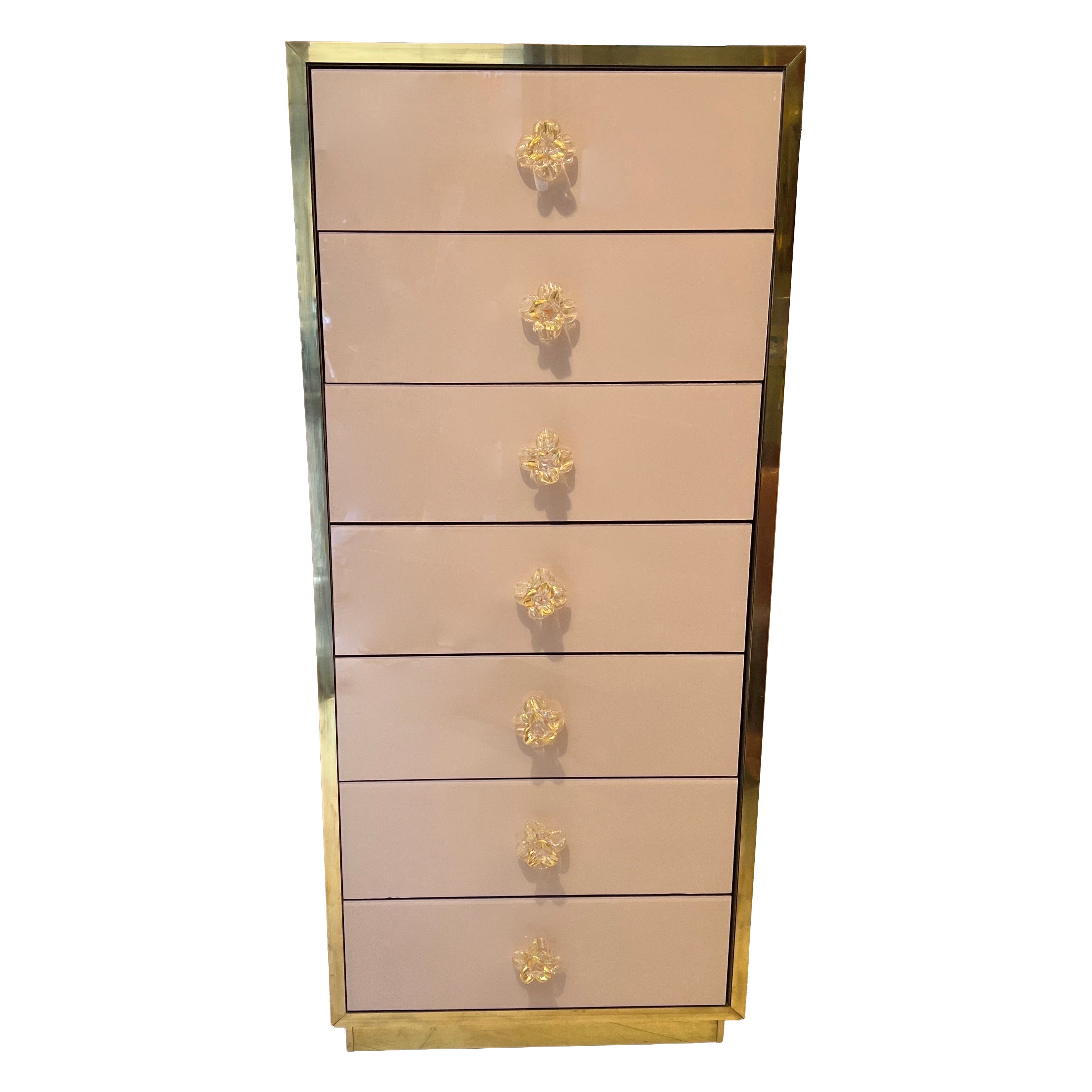 Pink Pale Murano Glass Commodes and Chests of Drawers with Brass Accents