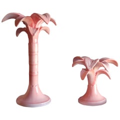 Pink Palm Trees Candlesticks Hand Painted Made in Italy Set of 2
