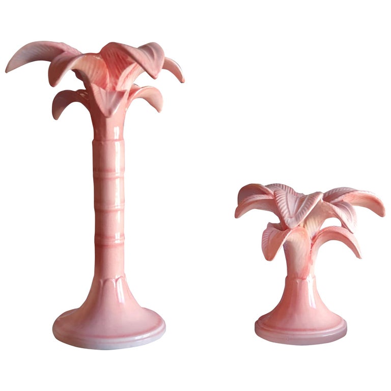 Pink Palm Trees Candlesticks Hand Painted Made in Italy Set of 2 For Sale