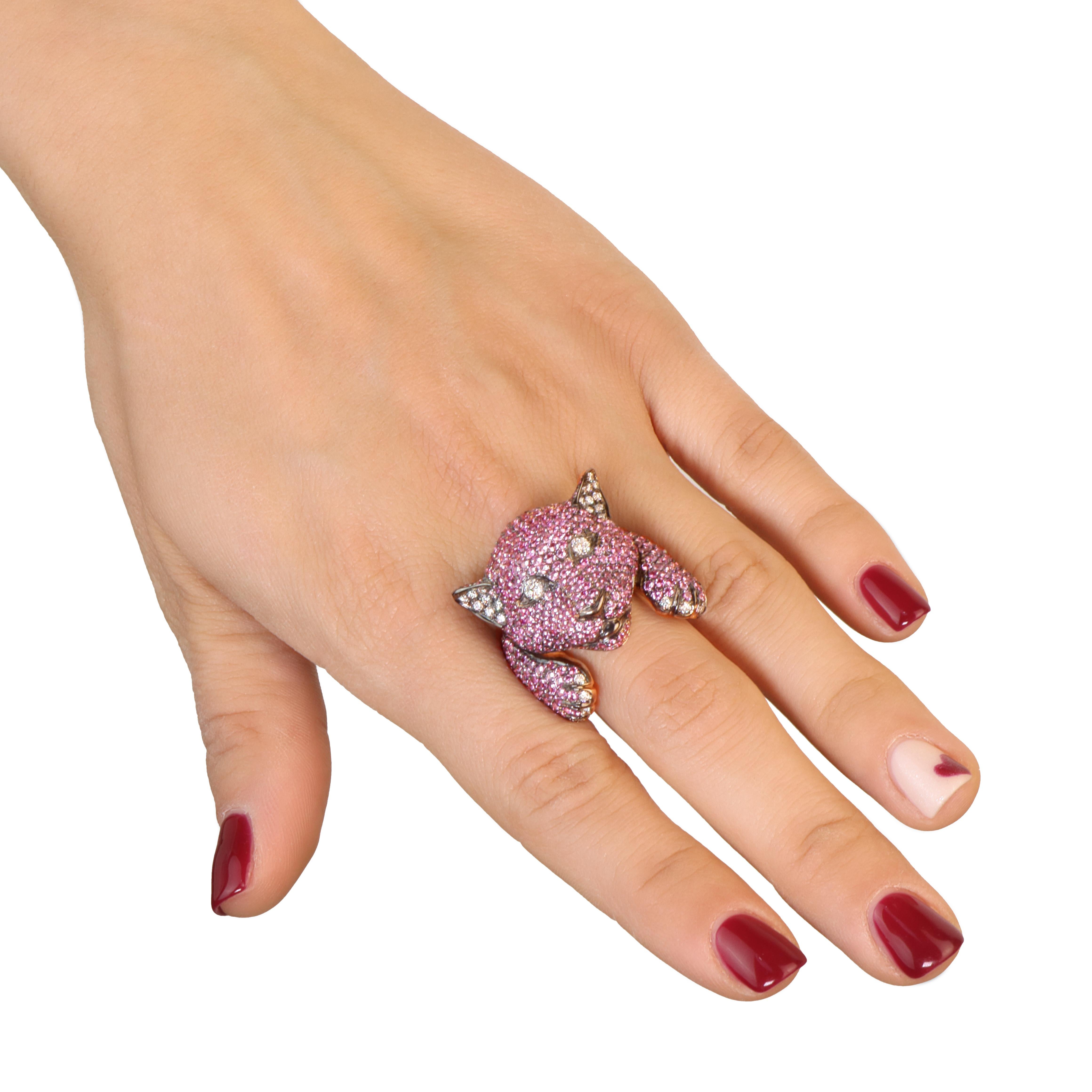 Brilliant Cut Pink Panther Dark Pink Sapphires Pavè Panther Fashion Ring