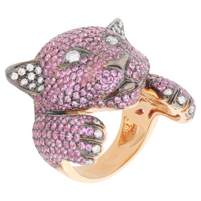 Pink Panther Dunkelrosa Saphire Pav Panther Mode Ring im Angebot bei