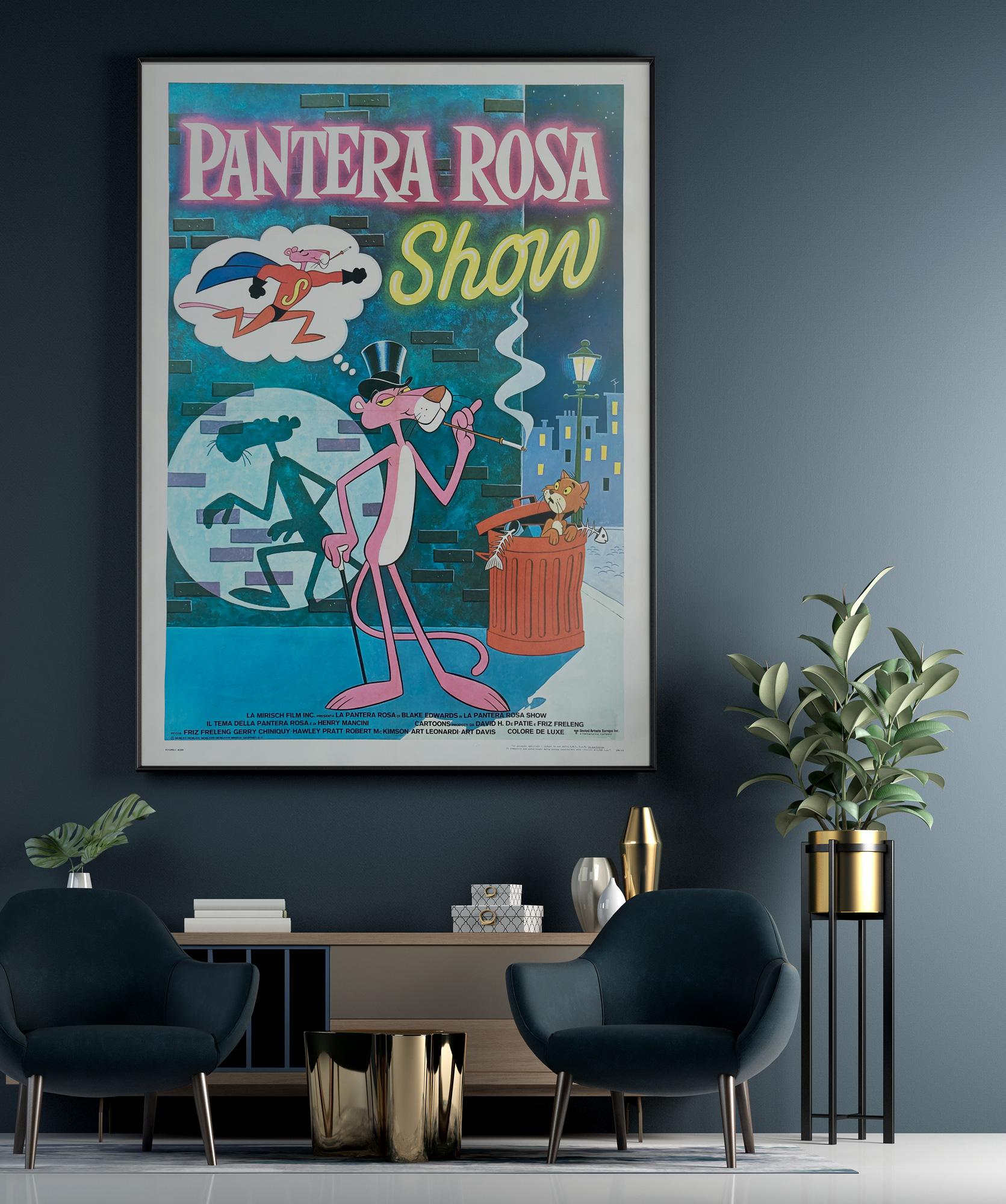 Fantastic original 1970s Italian film poster for the Pink Panther Show! Great artwork.

This vintage film poster was originally folded (as issued). It has been professionally linen-backed and is sized 39 1/2 x 54 1/2 inches (42x 57 inches