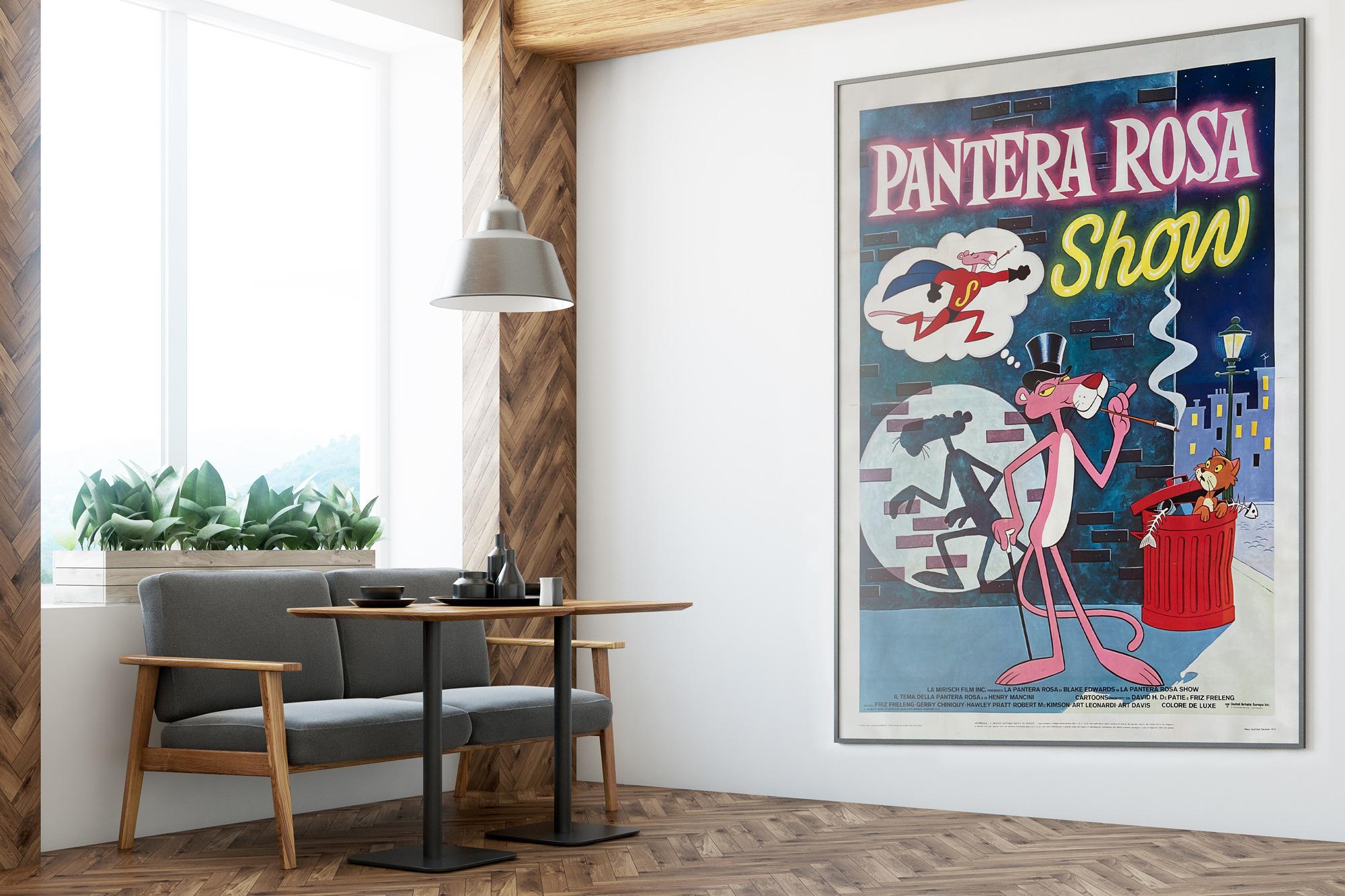 Fantastic original 1970s Italian film poster for the Pink Panther Show! Wonderful artwork and looks magnificent on the scale of this Italian 4 Foglio.

This vintage film poster was originally folded (as issued) in two sheets. It has been