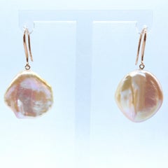 Pink-Peach Keshi Pearl Dangling Drop Earrings With 18K Rose Gold French Hooks