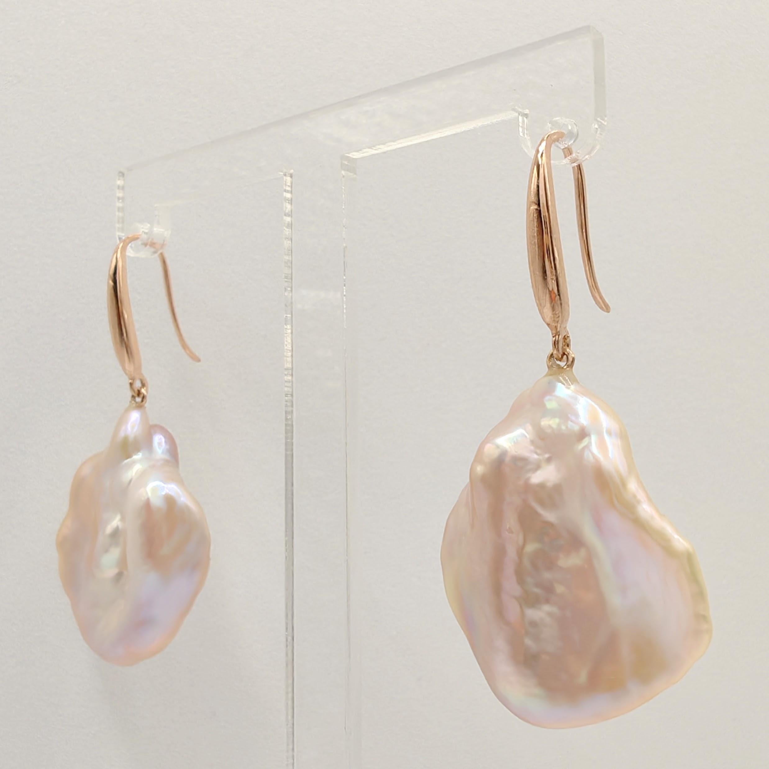 Contemporary Pink-peach Keshi Pearl Dangling Drop Earrings With 18K Rose Gold French Hooks For Sale