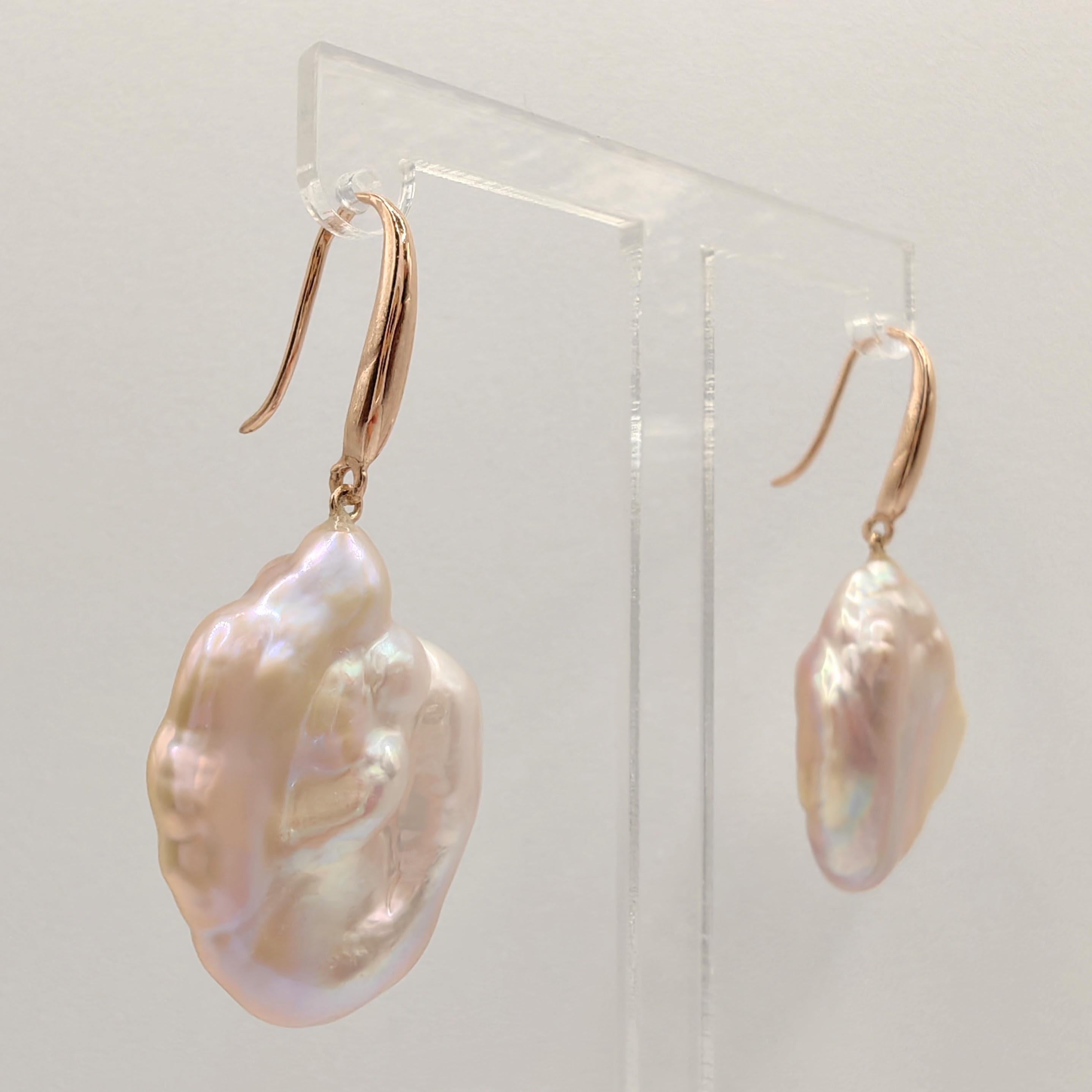 Uncut Pink-peach Keshi Pearl Dangling Drop Earrings With 18K Rose Gold French Hooks For Sale
