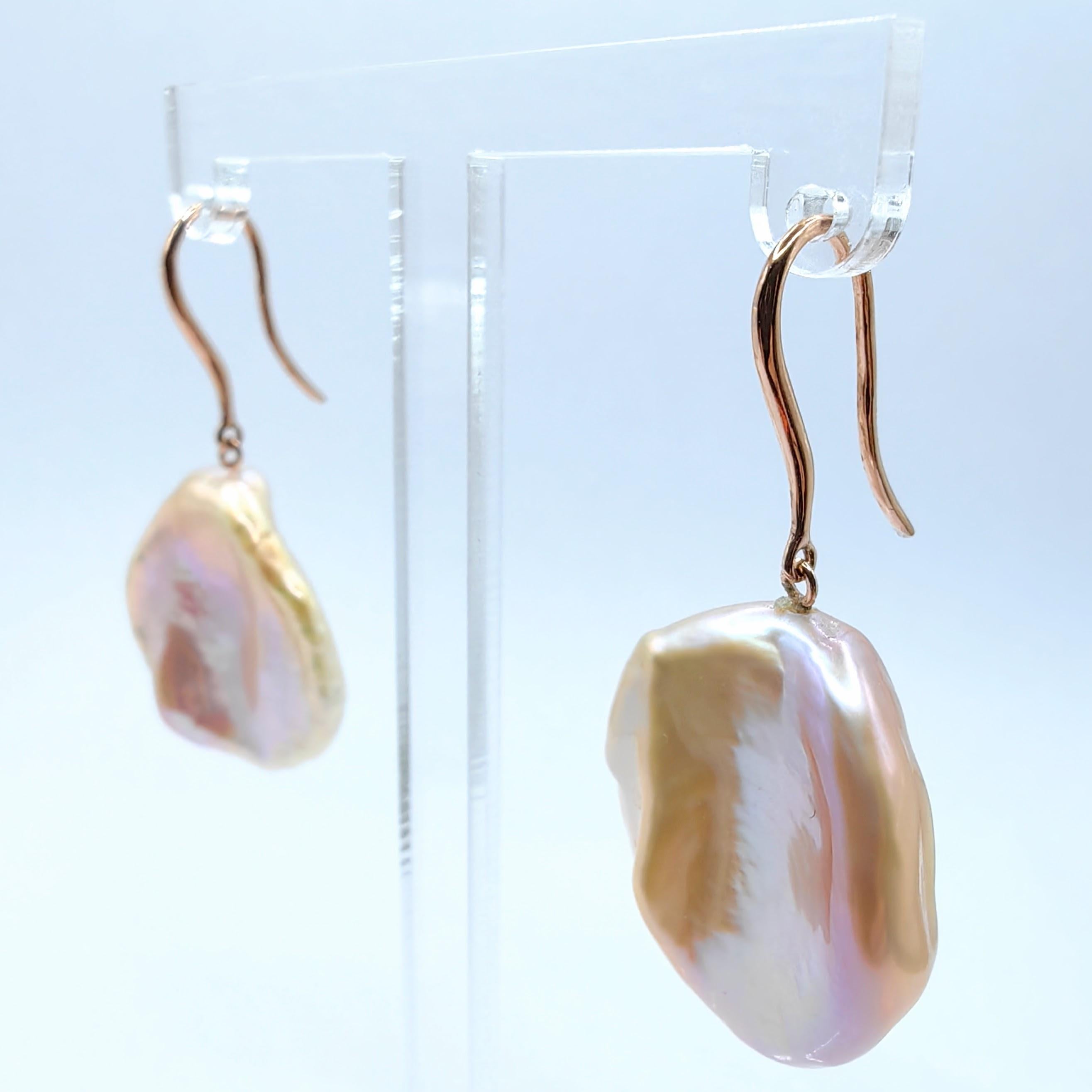 Uncut Pink-Peach Keshi Pearl Dangling Drop Earrings With 18K Rose Gold French Hooks For Sale