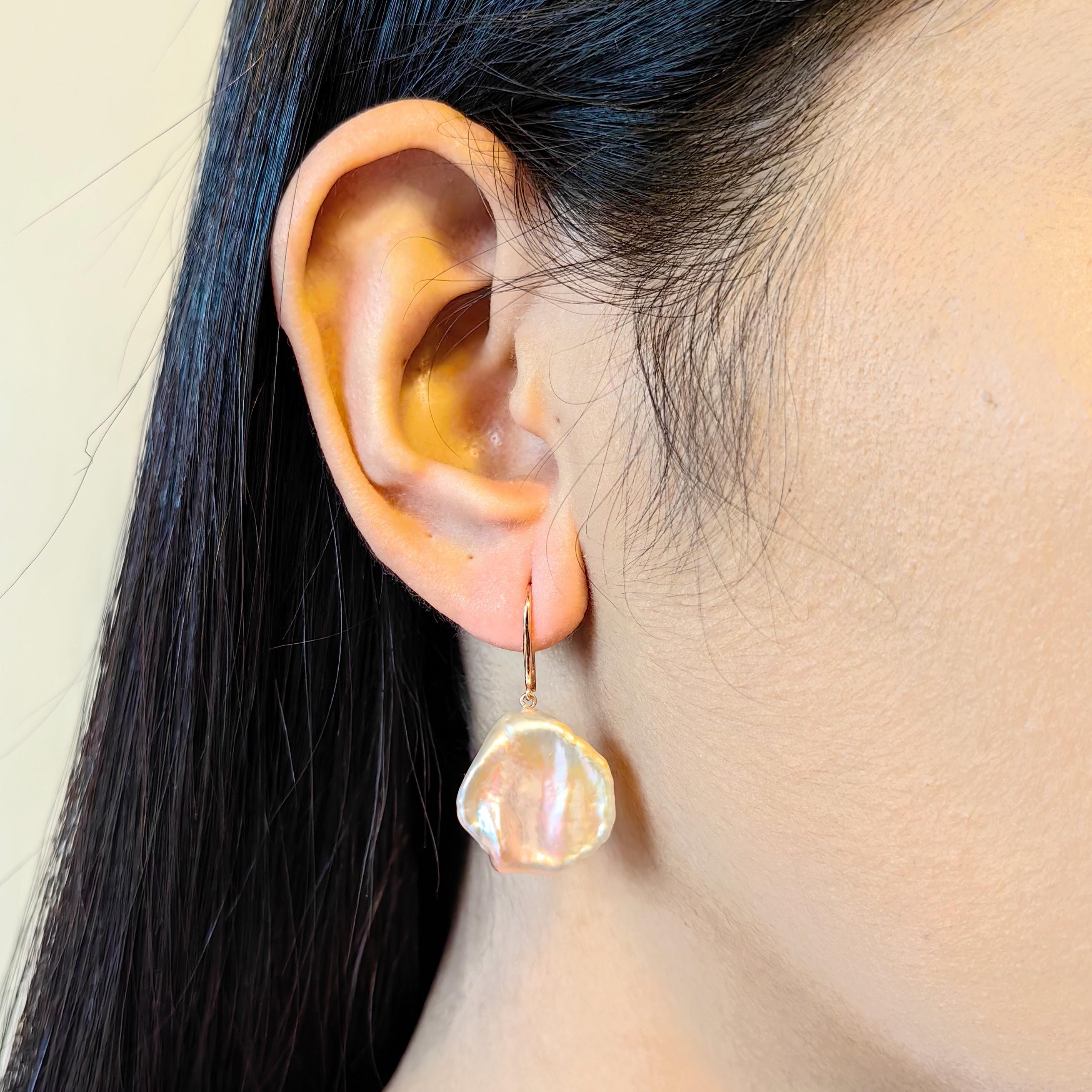 Women's Pink-Peach Keshi Pearl Dangling Drop Earrings With 18K Rose Gold French Hooks For Sale