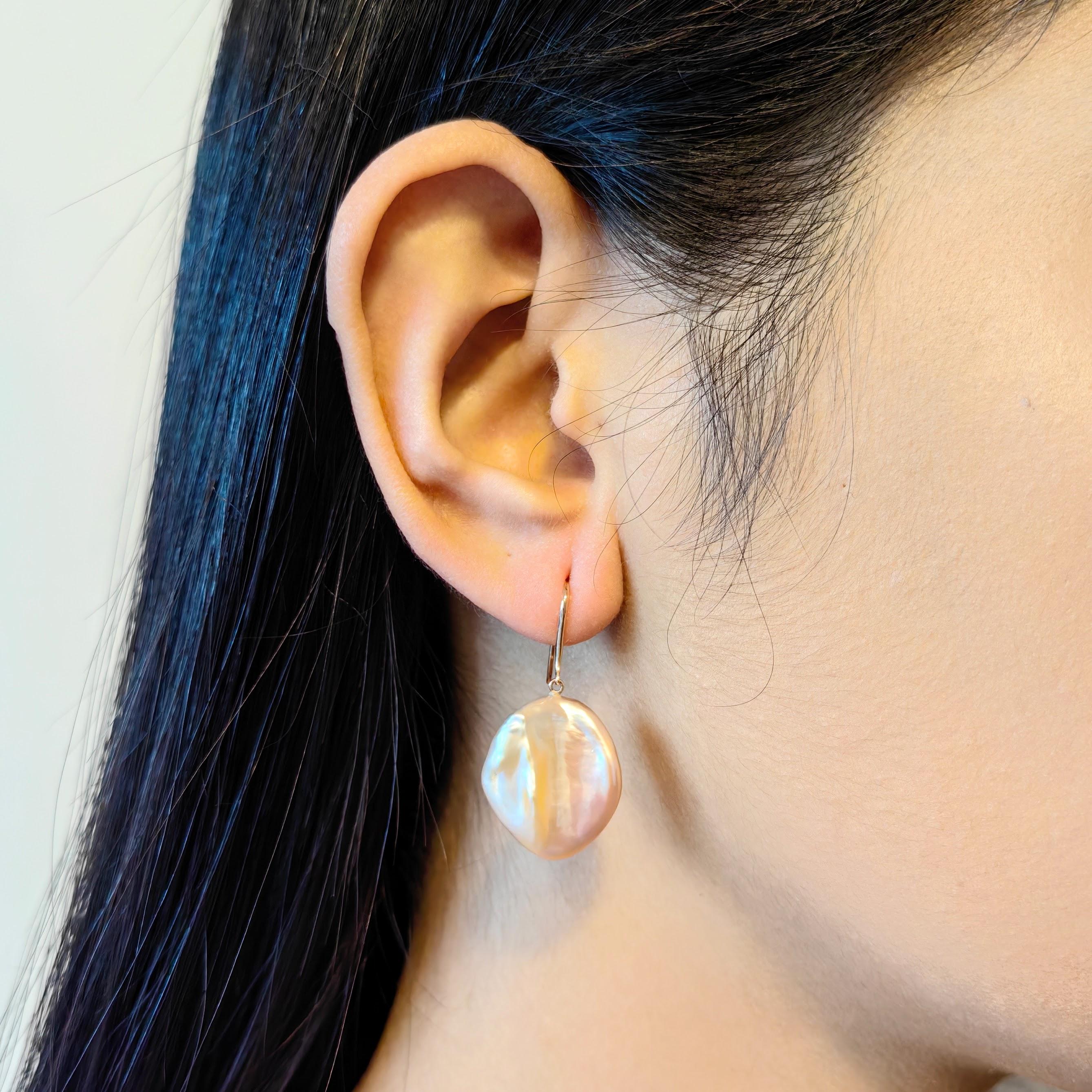Pink-Peach Keshi Pearl Dangling Drop Earrings With 18K Rose Gold French Hooks For Sale 1