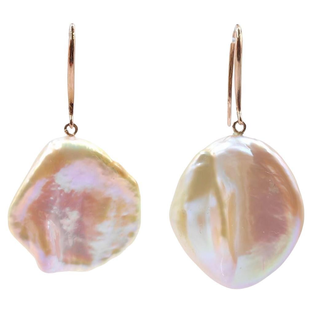 Pink-Peach Keshi Pearl Dangling Drop Earrings With 18K Rose Gold French Hooks For Sale