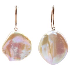 Pink-Peach Keshi Pearl Dangling Drop Earrings With 18K Rose Gold French Hooks