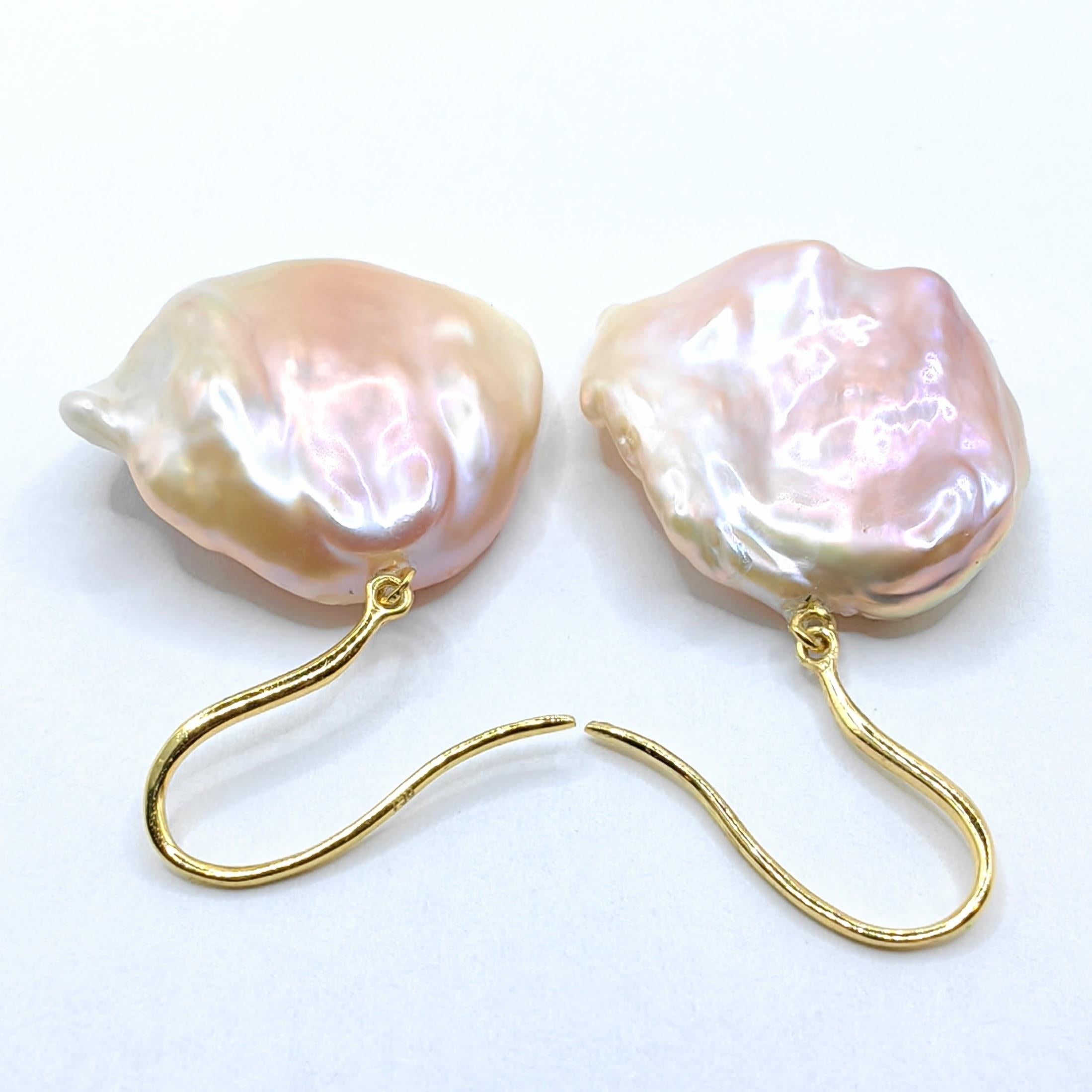 Pink-Peach Keshi Pearl Dangling Drop Earrings With 18K Yellow Gold French Hooks For Sale 4