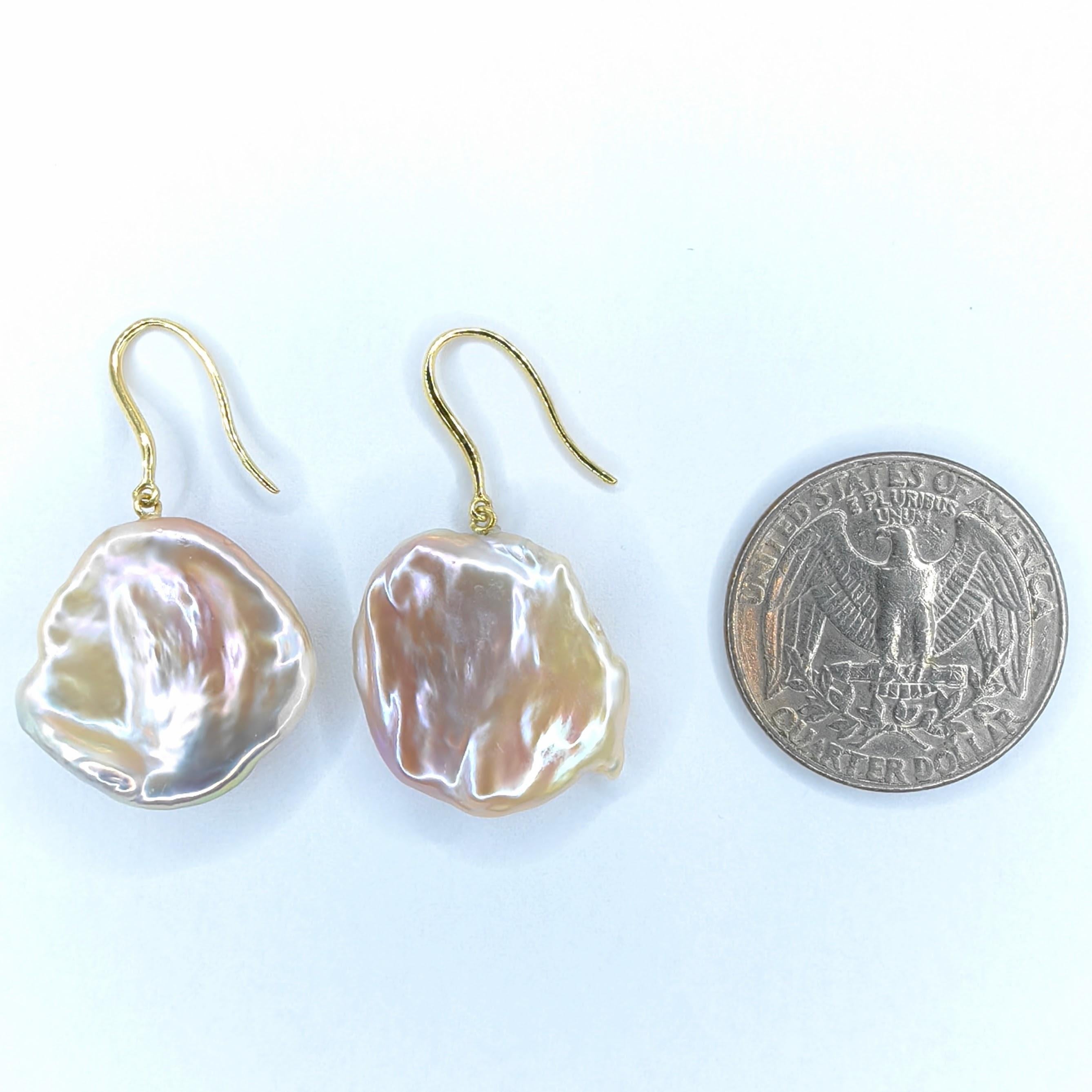 Pink-Peach Keshi Pearl Dangling Drop Earrings With 18K Yellow Gold French Hooks For Sale 5