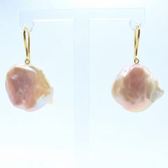 Pink-Peach Keshi Pearl Dangling Drop Earrings With 18K Yellow Gold French Hooks