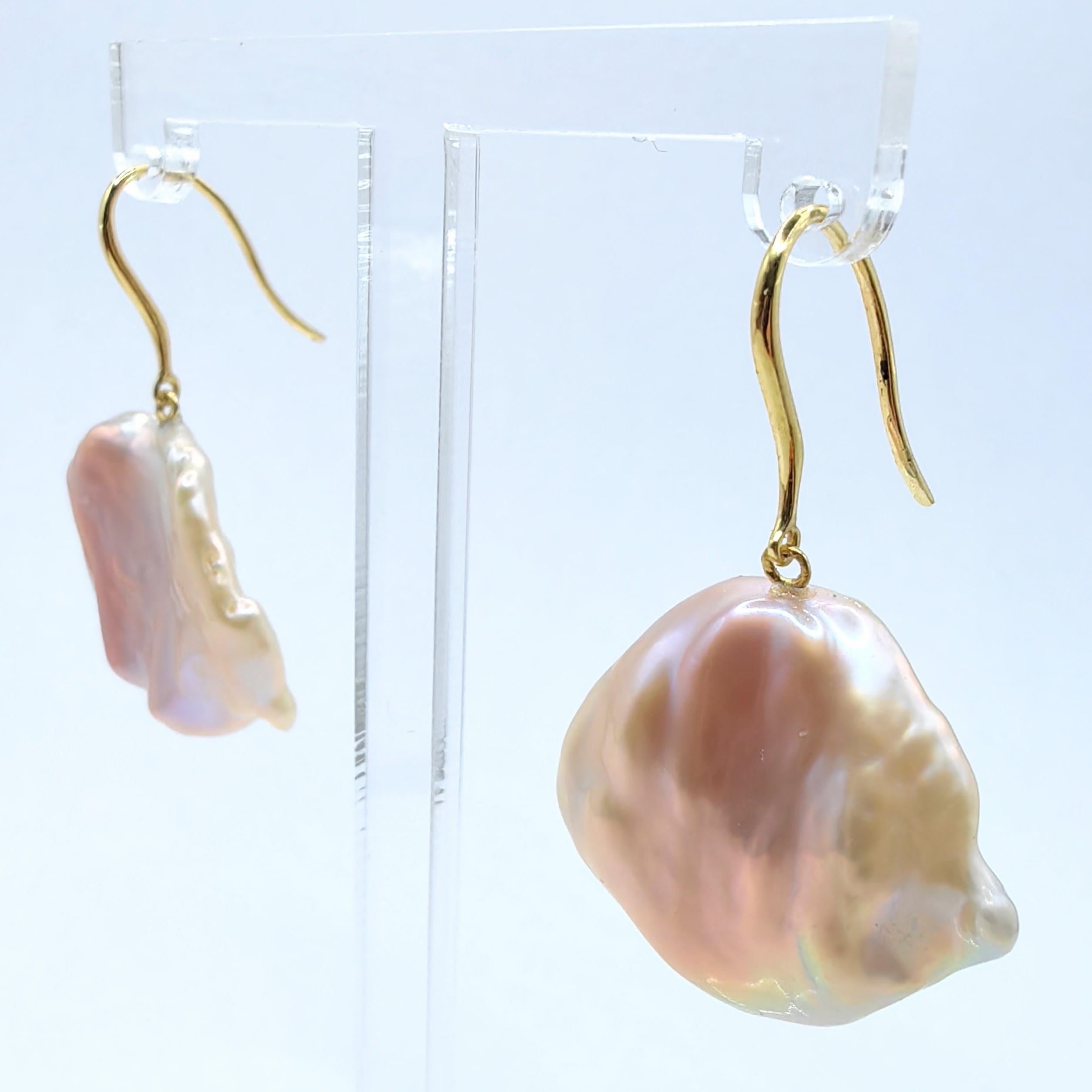 Uncut Pink-Peach Keshi Pearl Dangling Drop Earrings With 18K Yellow Gold French Hooks For Sale