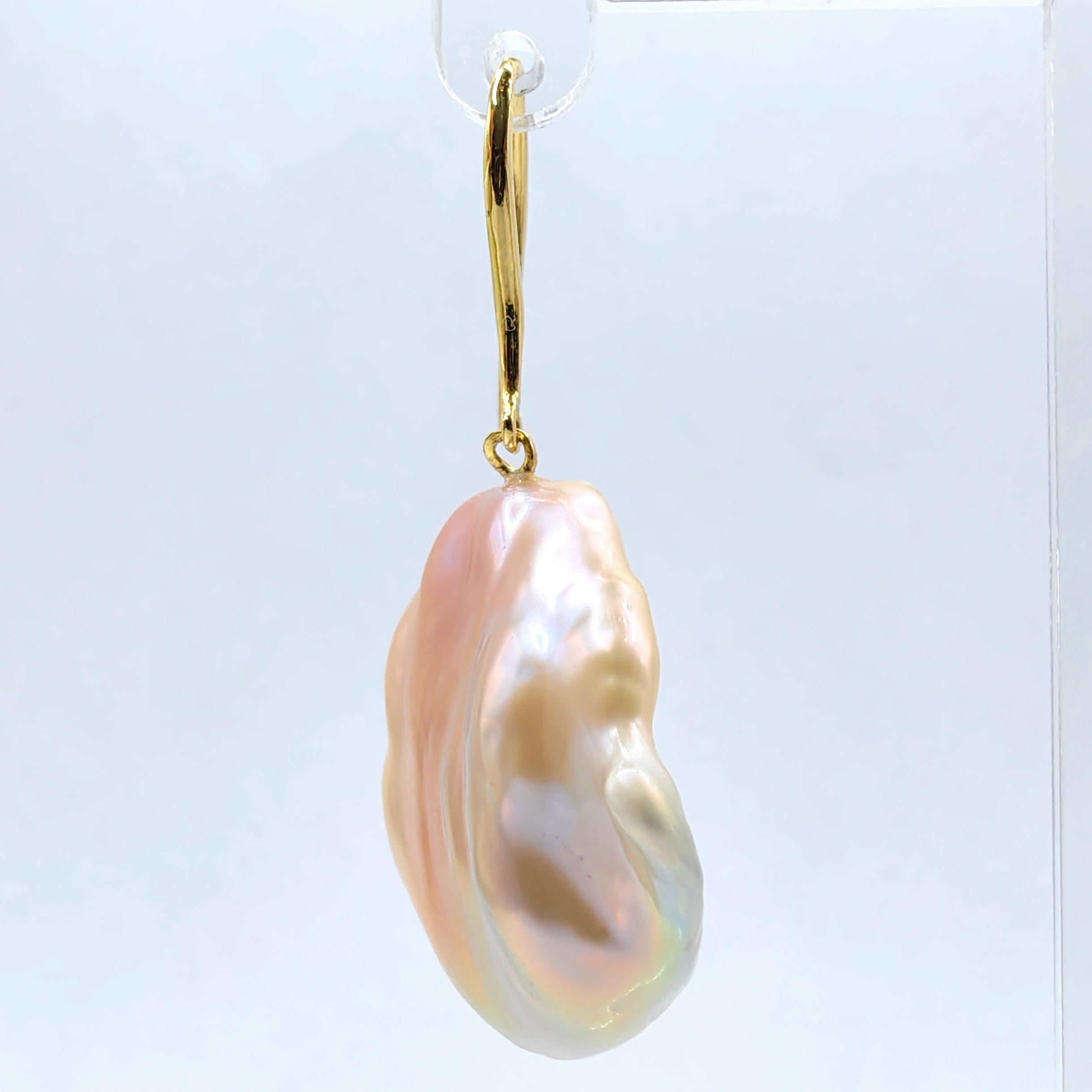 Women's Pink-Peach Keshi Pearl Dangling Drop Earrings With 18K Yellow Gold French Hooks For Sale