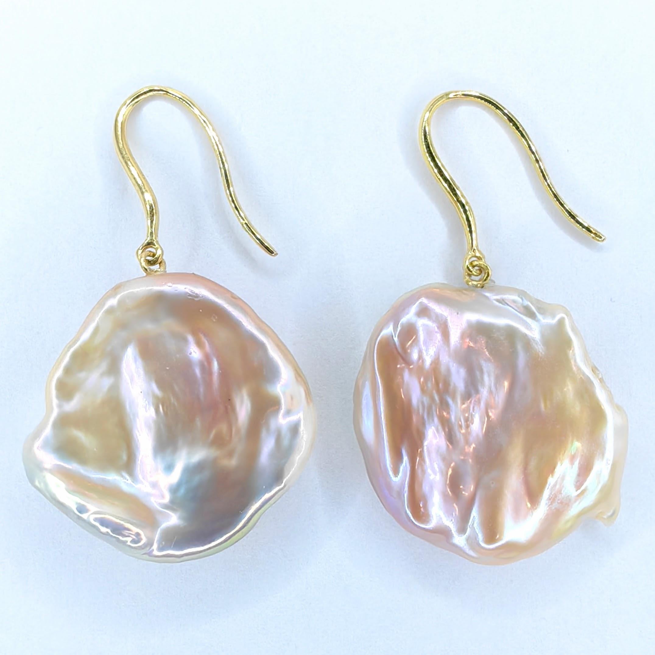 Pink-Peach Keshi Pearl Dangling Drop Earrings With 18K Yellow Gold French Hooks For Sale 1