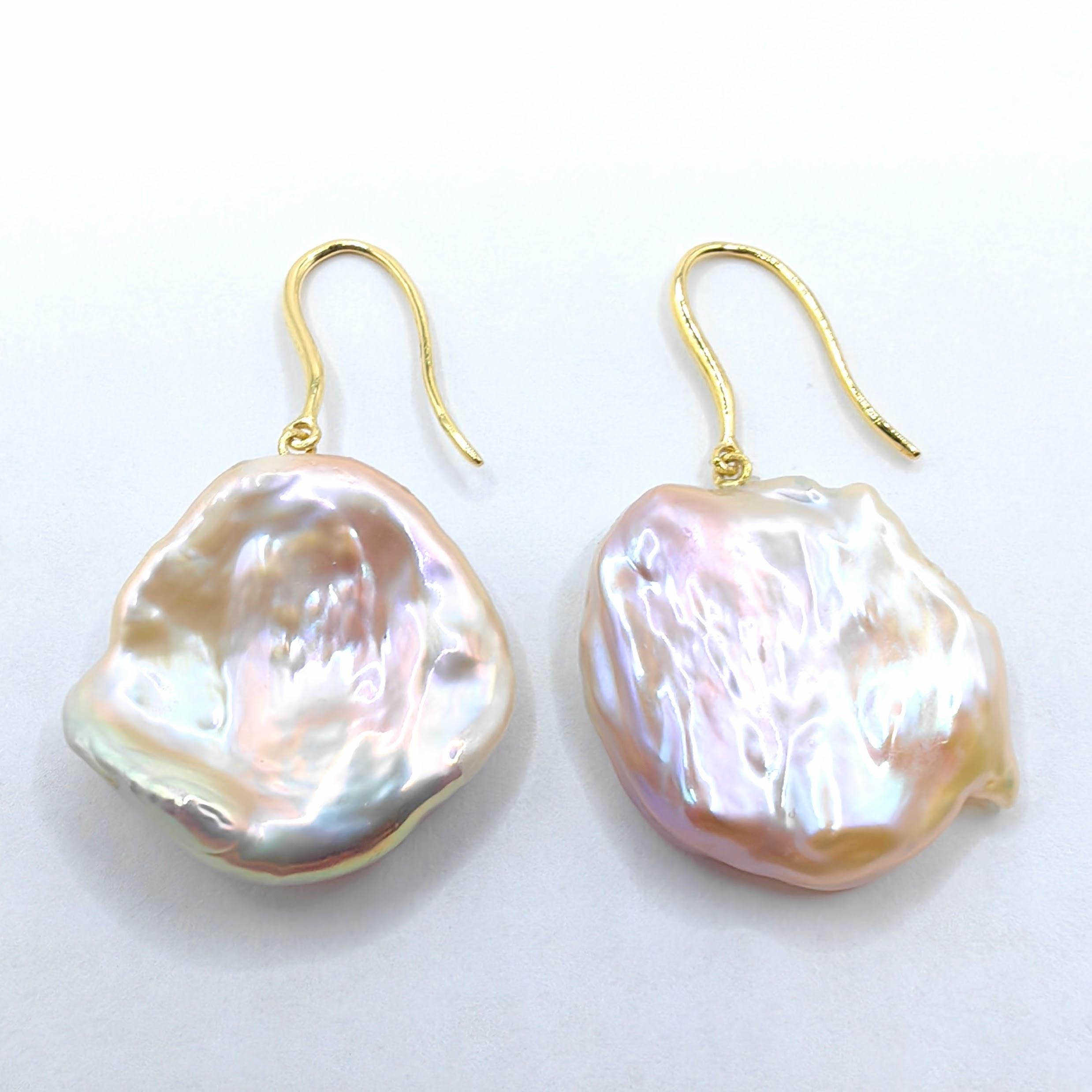 Pink-Peach Keshi Pearl Dangling Drop Earrings With 18K Yellow Gold French Hooks For Sale 2