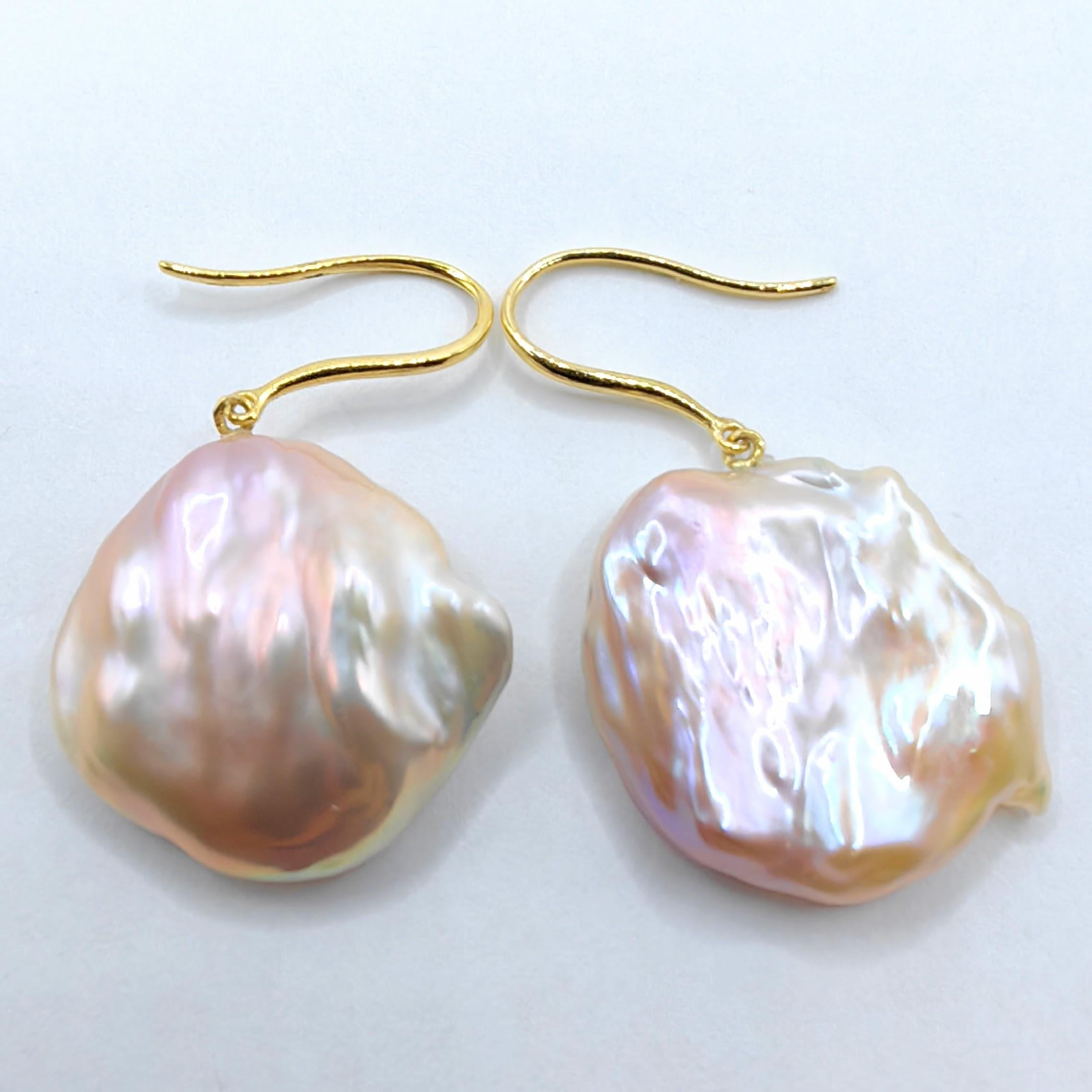 Pink-Peach Keshi Pearl Dangling Drop Earrings With 18K Yellow Gold French Hooks For Sale 3