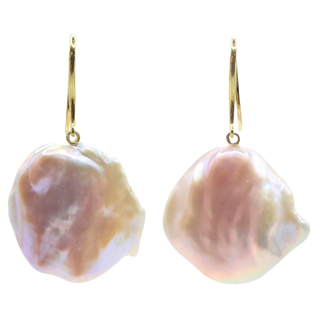 Pink-Peach Keshi Pearl Dangling Drop Earrings With 18K Yellow Gold French Hooks