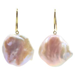 Pink-Peach Keshi Pearl Dangling Drop Earrings With 18K Yellow Gold French Hooks