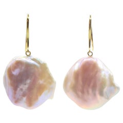 Pink-Peach Keshi Pearl Dangling Drop Earrings With 18K Yellow Gold French Hooks