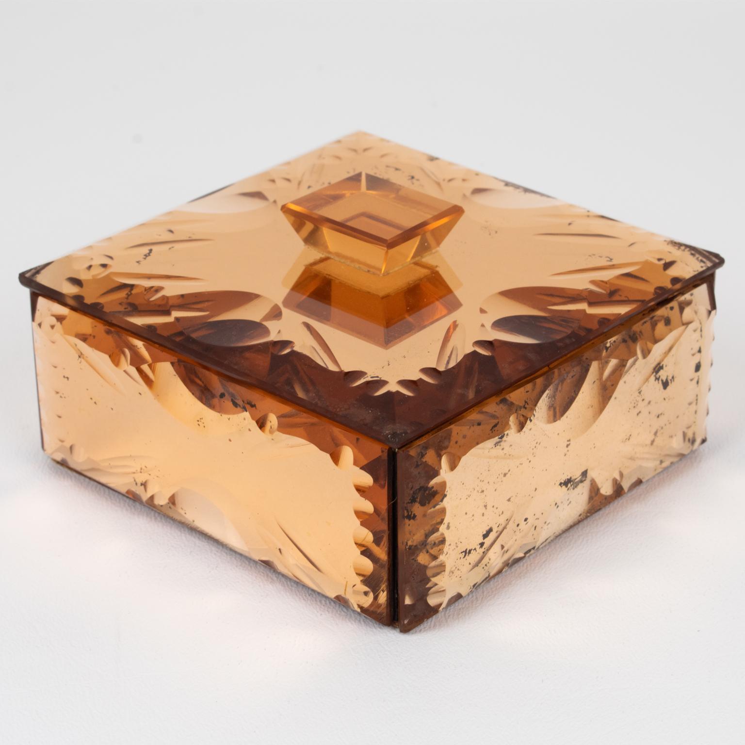 Caja Decorativa de Cristal Espejado Rosa Melocotón, Francia Años 40 Regencia de Hollywood en venta