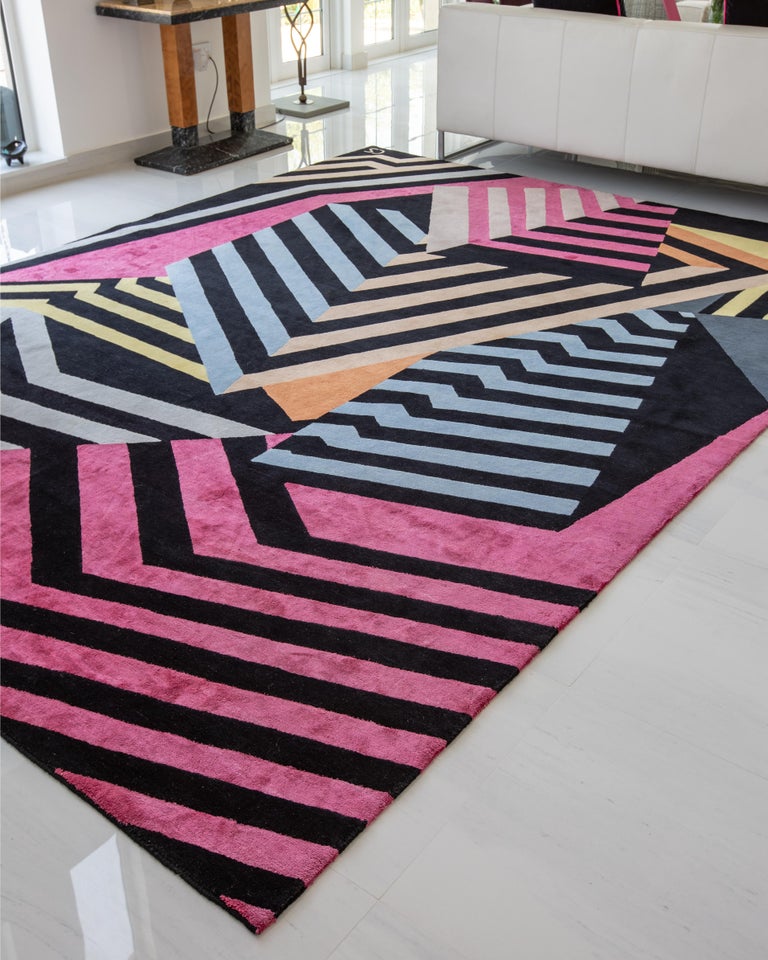Pink Peach Wool Rug with Geometric Shapes by Cecilia Setterdahl for