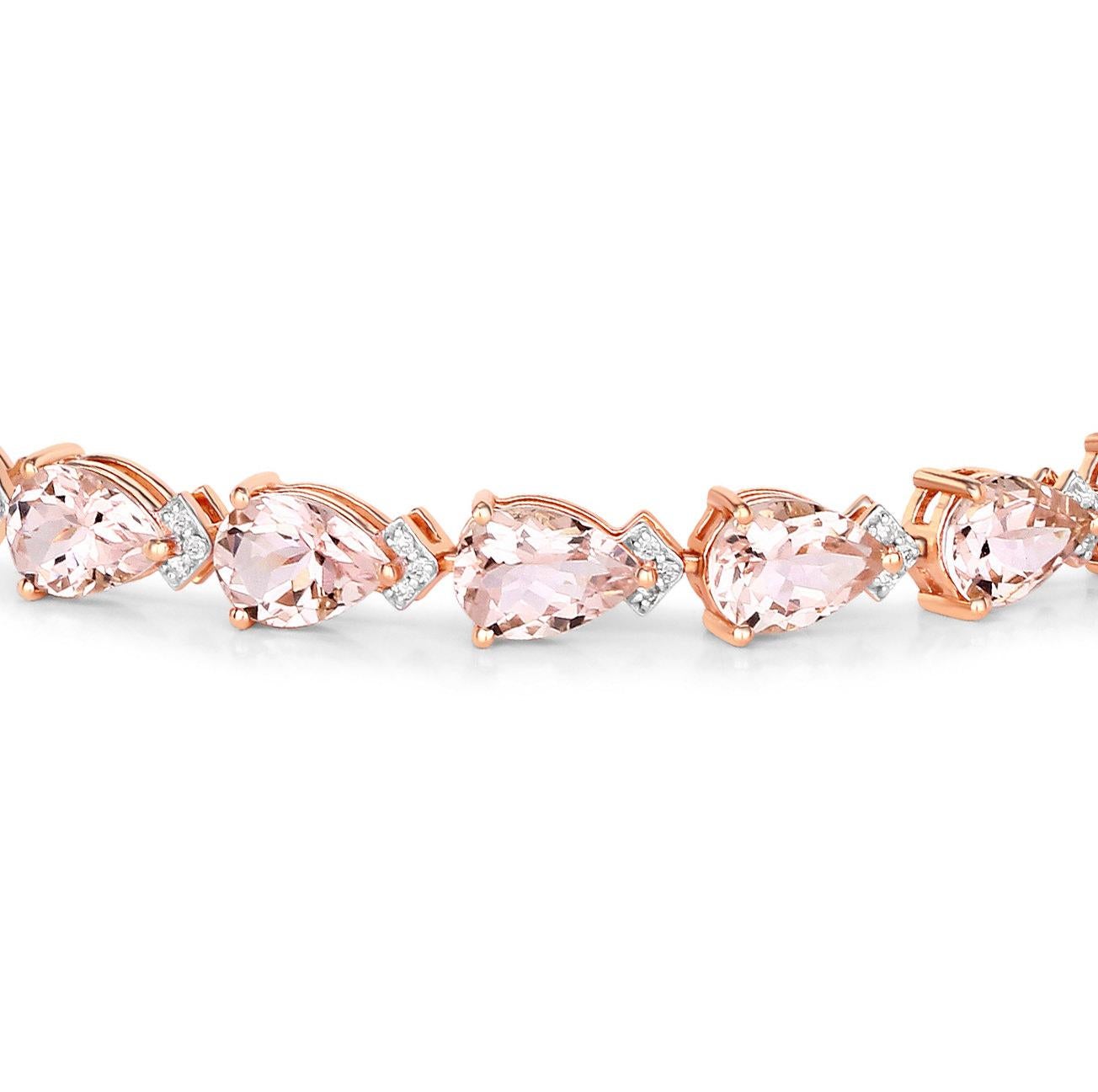 Contemporary Pink Pear Cut Morganite Tennis Bracelet Diamond Links 11.2 Carats 14K Rose Gold For Sale