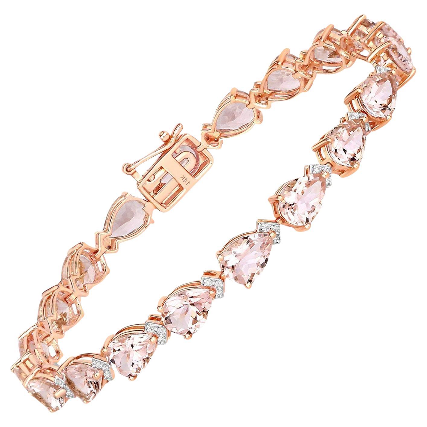 Bracelet tennis à maillons en or rose 14 carats avec Morganite rose taille poire et diamants 11,2 carats en vente