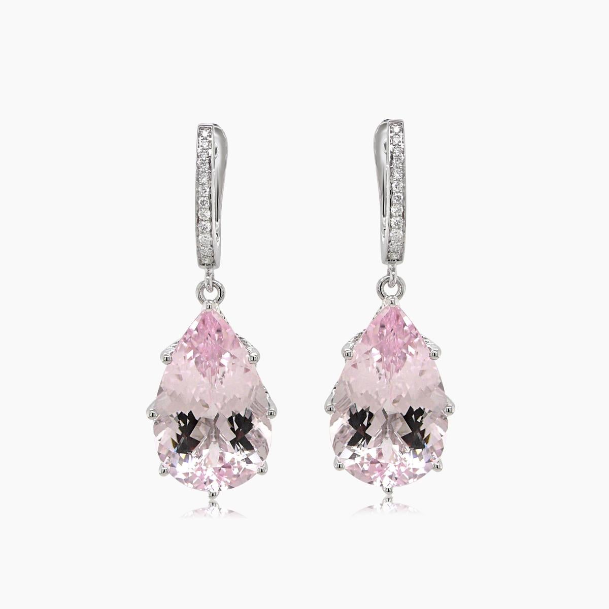 Pink Pear Drop Shape Morganite White Diamond 18K White Gold Drop Style Earrings In New Condition For Sale In Oakton, VA