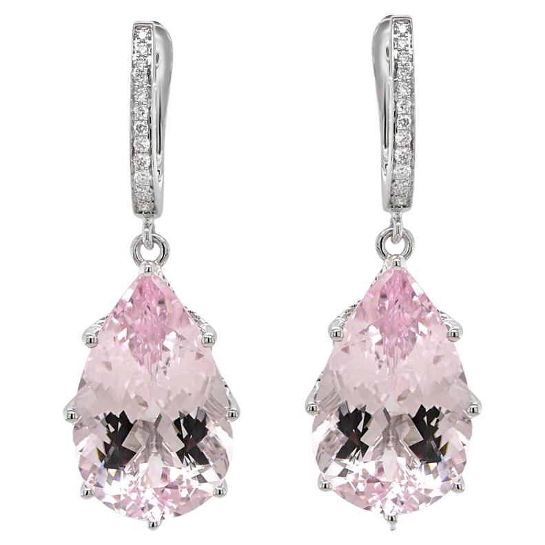 Pink Pear Drop Shape Morganite White Diamond 18K White Gold Drop Style Earrings