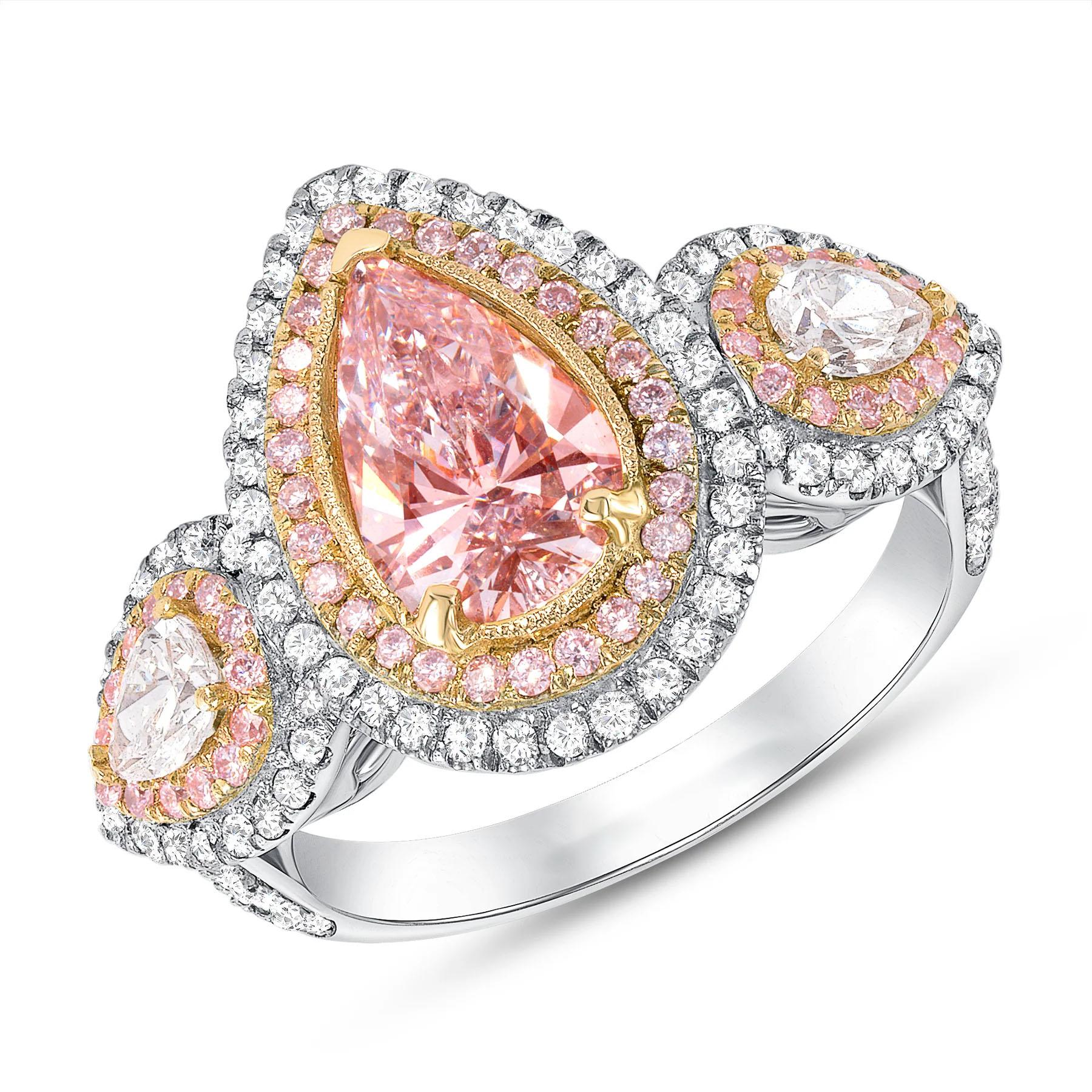 For Sale:  Pink Pear Shaped Halo 18K Gold Diamond Engagement Ring 4