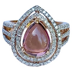 Pink Pear-Shaped Tourmaline and Diamond Halo 14 Karat Rose Gold Cocktail Ring