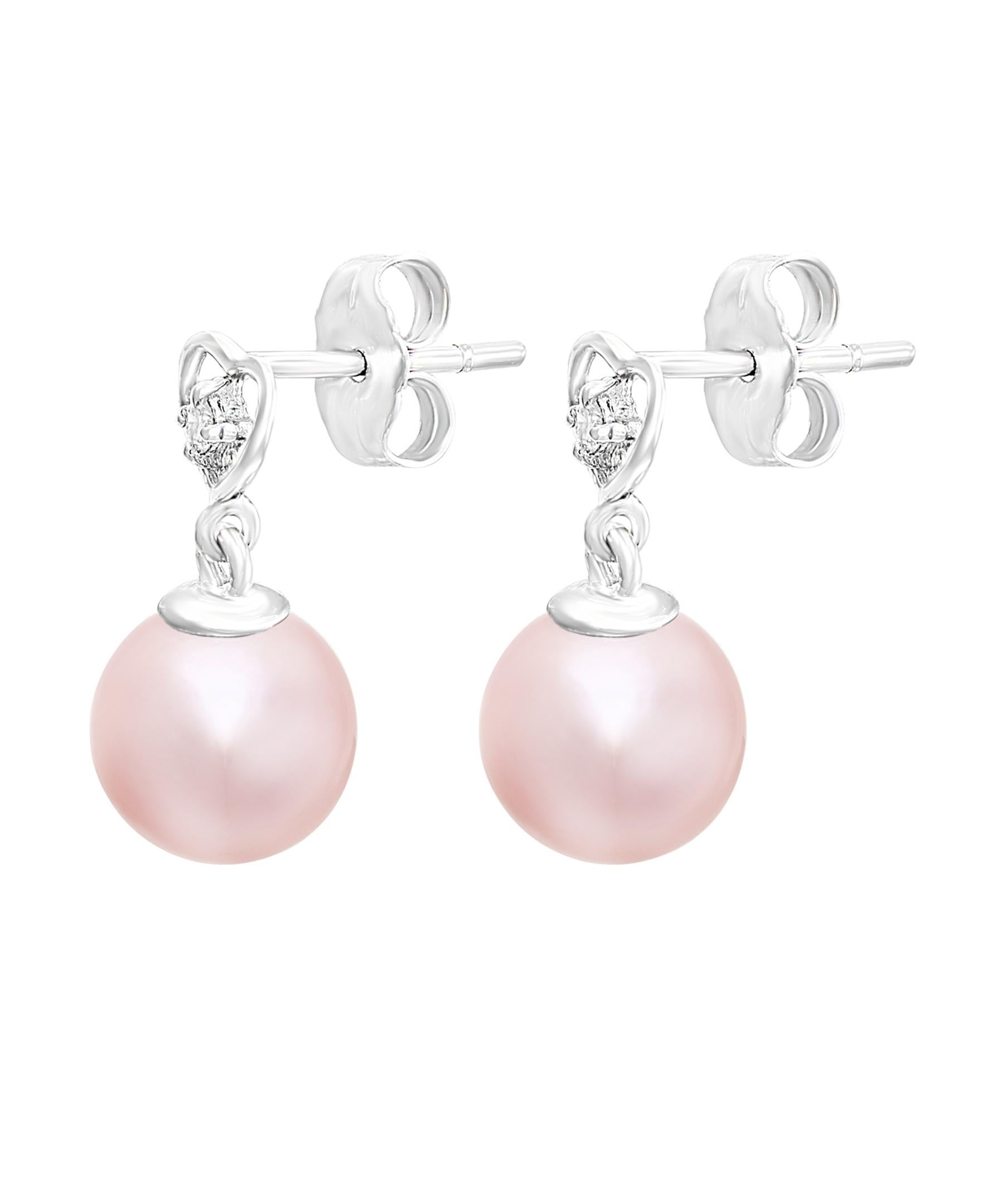 Contemporary 14KW Heart Cultured Freshwater Natural Pink 8-8.5mm Pearl and Diamond Earrings