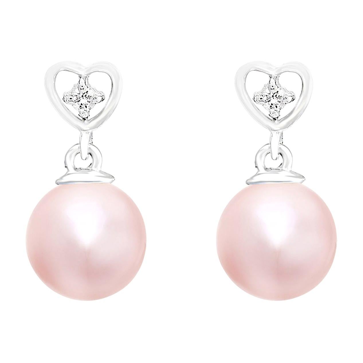 14KW Heart Cultured Freshwater Natural Pink 8-8.5mm Pearl and Diamond Earrings