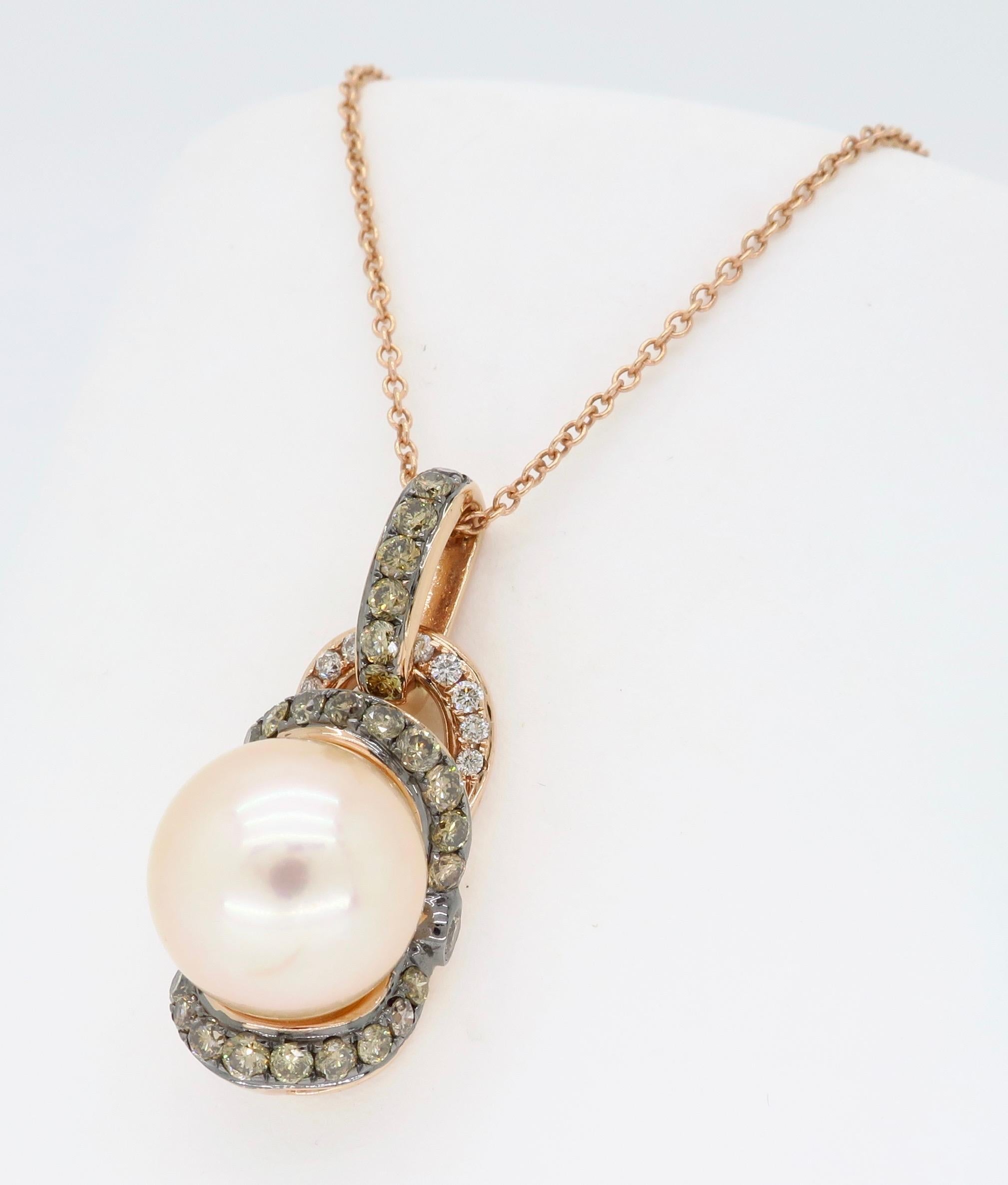Women's or Men's Pink Pearl and Diamond Drop Pendant in Rose Gold