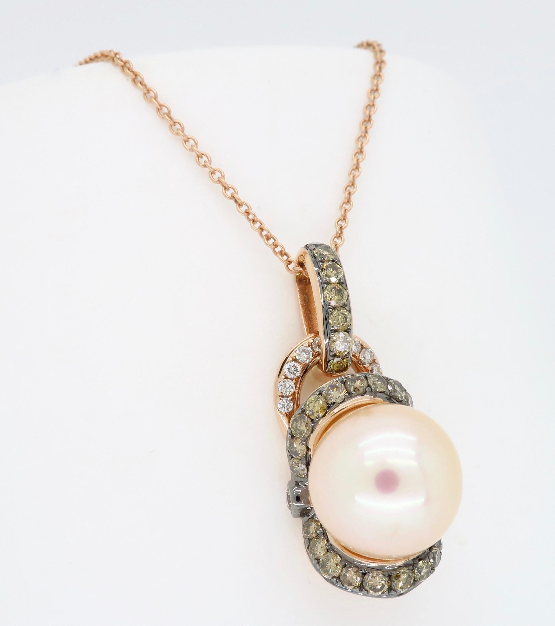 Pink Pearl and Diamond Drop Pendant in Rose Gold 1