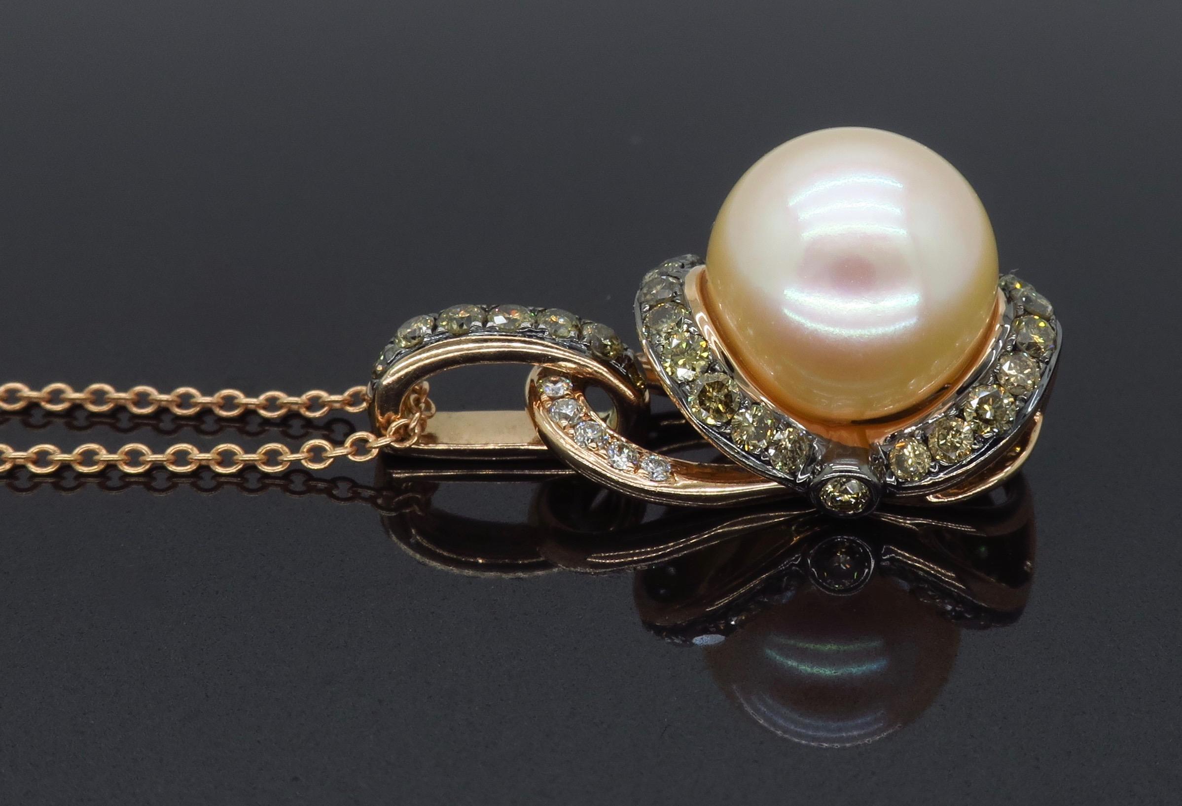 Pink Pearl and Diamond Drop Pendant in Rose Gold 3