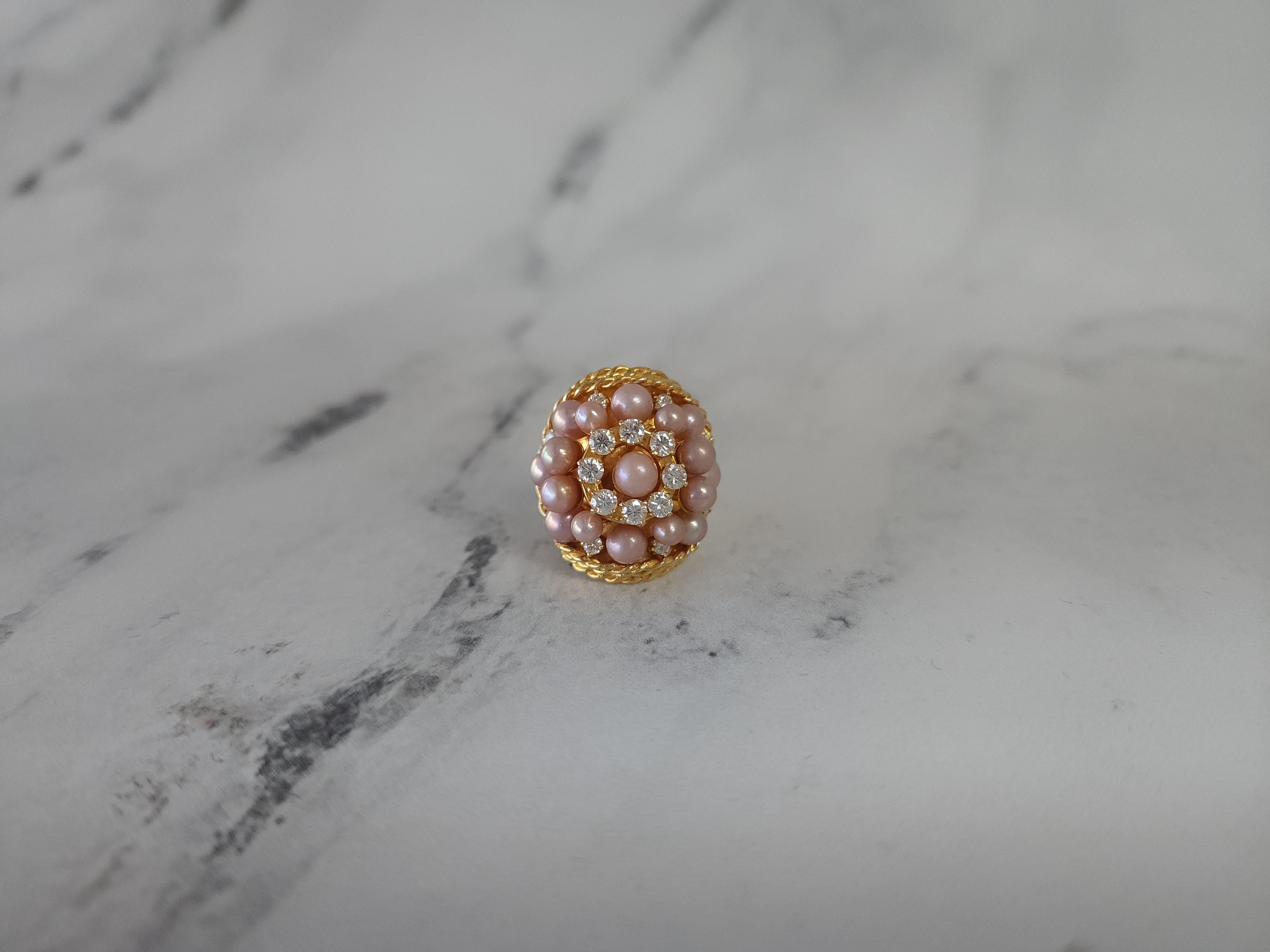 Round Cut Pink Pearl & Diamond Triple Halo Cocktail Ring with Rope Design For Sale