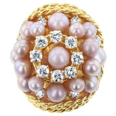 Pink Pearl & Diamond Triple Halo Cocktail Ring with Rope Design