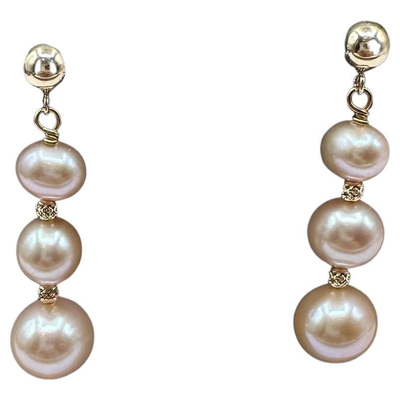Orecchini a goccia di perle rosa in oro giallo 14kt - design multiperla, 4,4g, nuovi